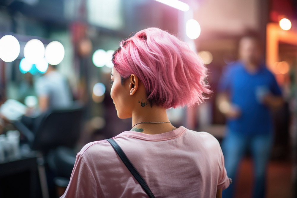 pink haired young woman in salon