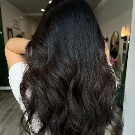 Back of model s head with long loosely curled black hair and espresso brown balayage highlights