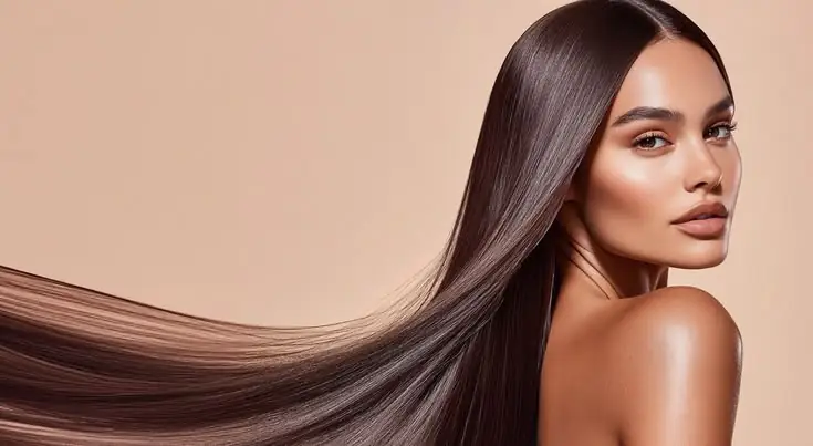 Glossy dark hair flowing across a warm neutral background