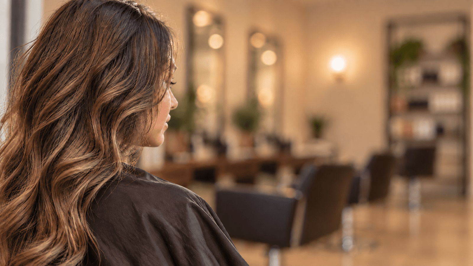 AI-created close-up of brunette waves in a cream and brown salon inspired by Lotus