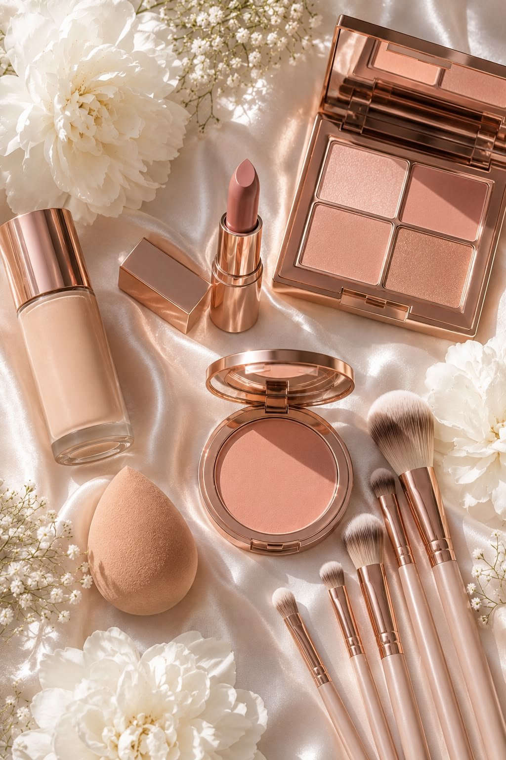 Soft pink makeup shades alongside white flowers