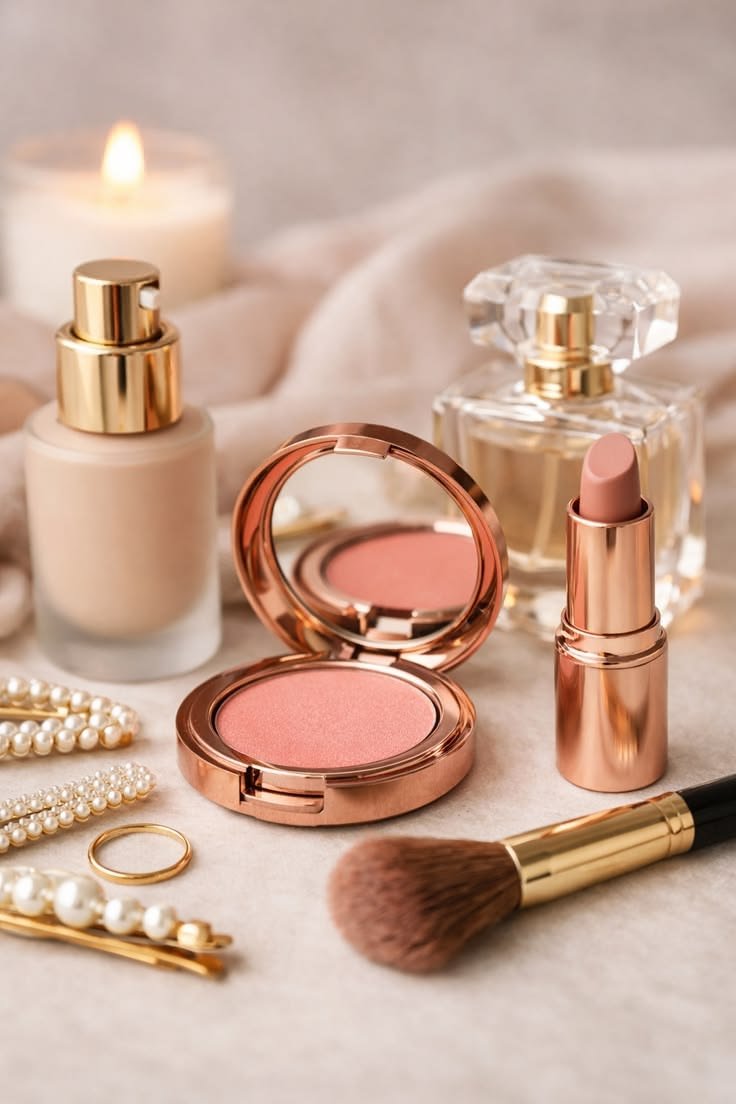 Rose-toned lipstick, blush and makeup brush