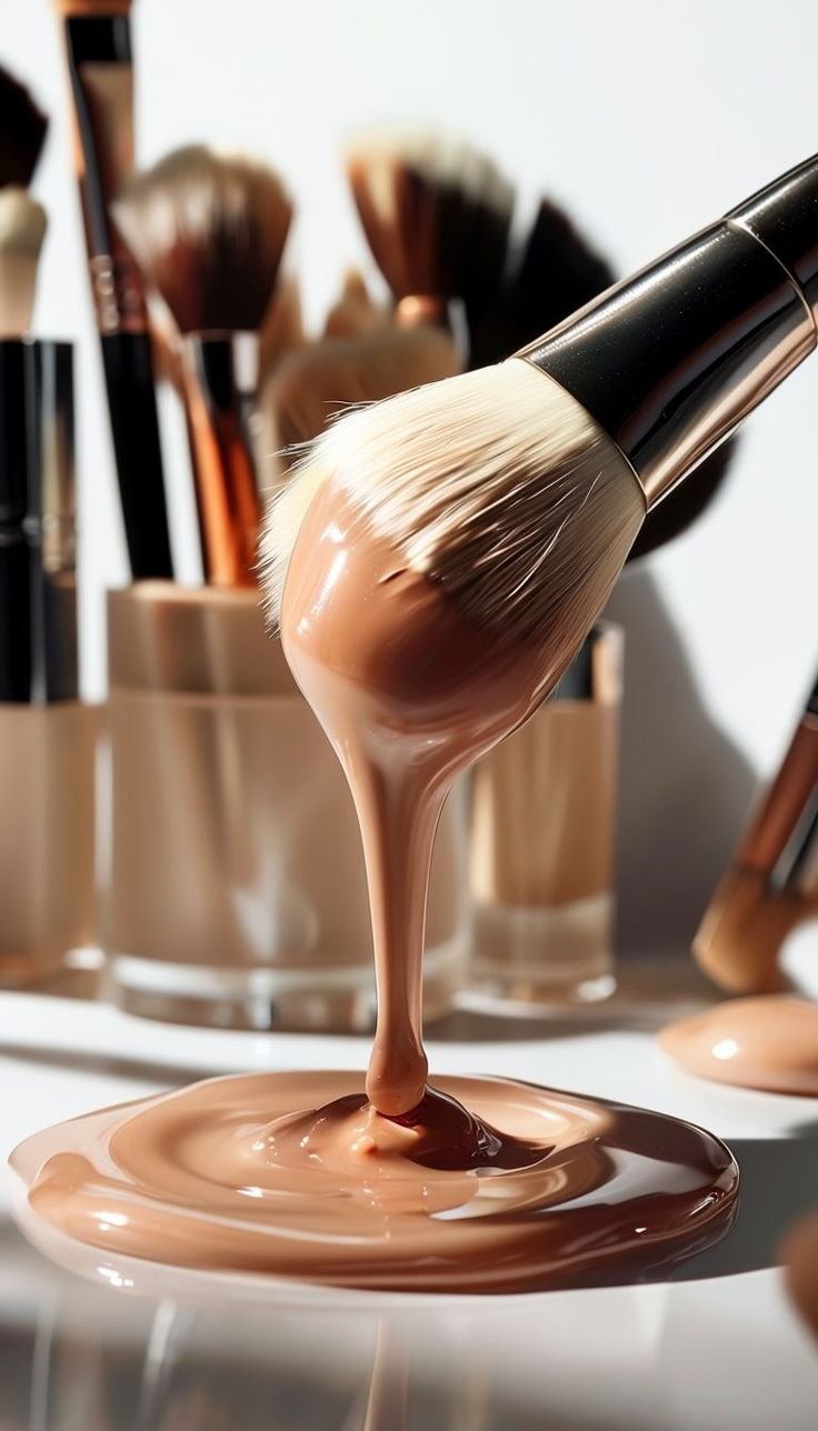 Close-up of a makeup brush and liquid foundation